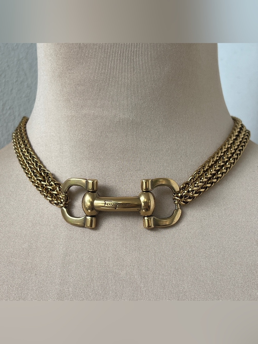 Ferragamo Necklace | Vintage Golden Gancini Horsebit & 15-16” Spiga Choker